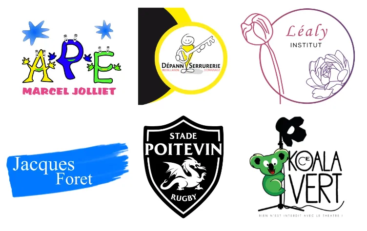 Logos réalisés par Frédéric Doidi : APE, Depann Serrurerie, Léaly Institut, Jacques Forêt, Stade Poitevin, Koala Vert